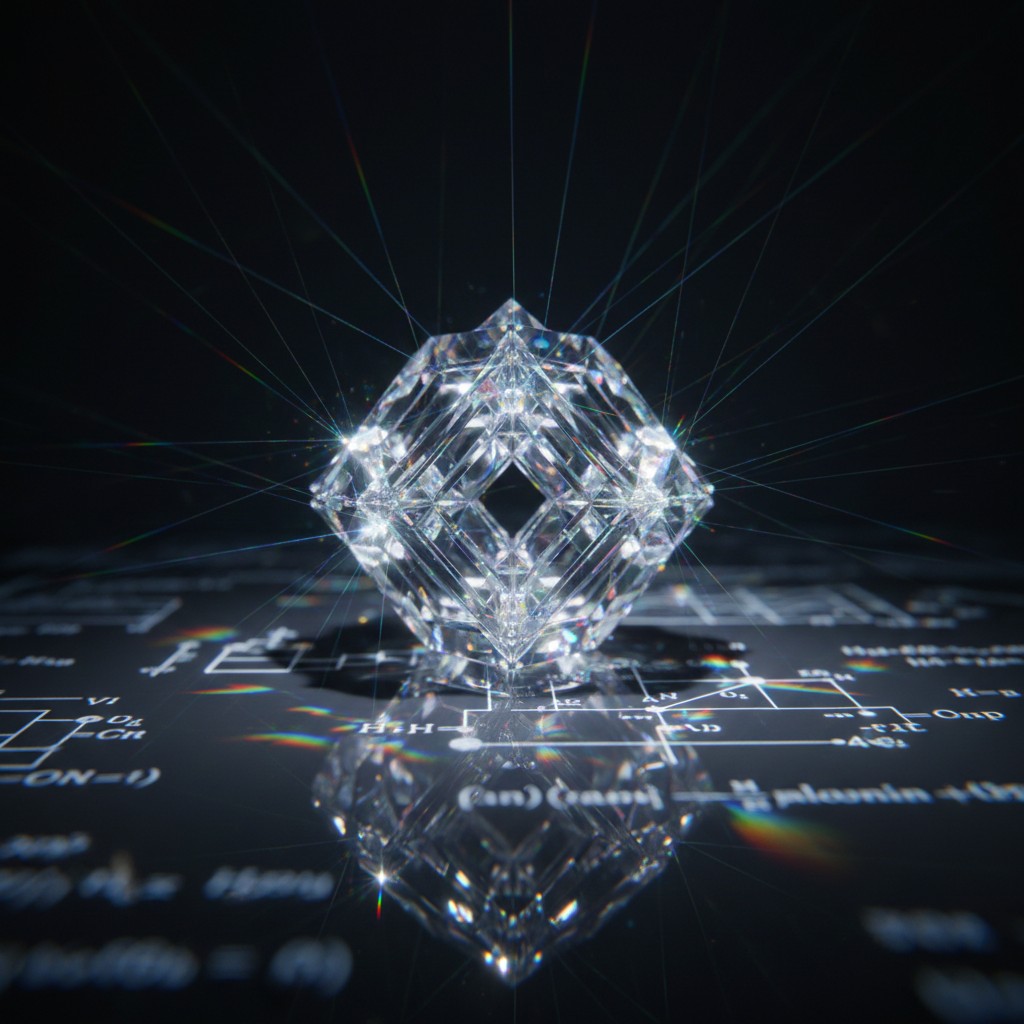An artistic representation of a 3D diamond with its facets and angles being highlighted by white lines emanating from it, ...