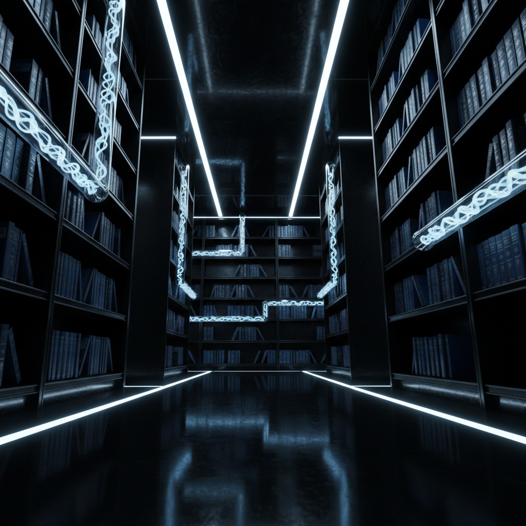 A dimly lit library with numerous books and fluorescent lighting.
