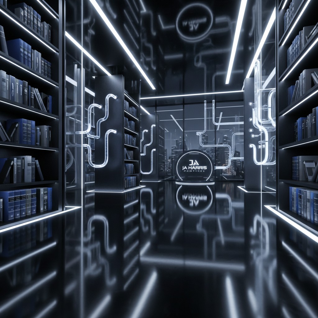 Hypothetical futuristic office space featuring black shelves with transparent walls containing text 'JA Harris Analytics'....