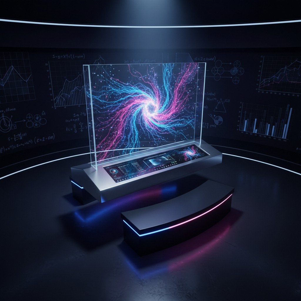 Abstract image of futuristic data visualization with swirling galaxy displays and complex mathematical equations projected...