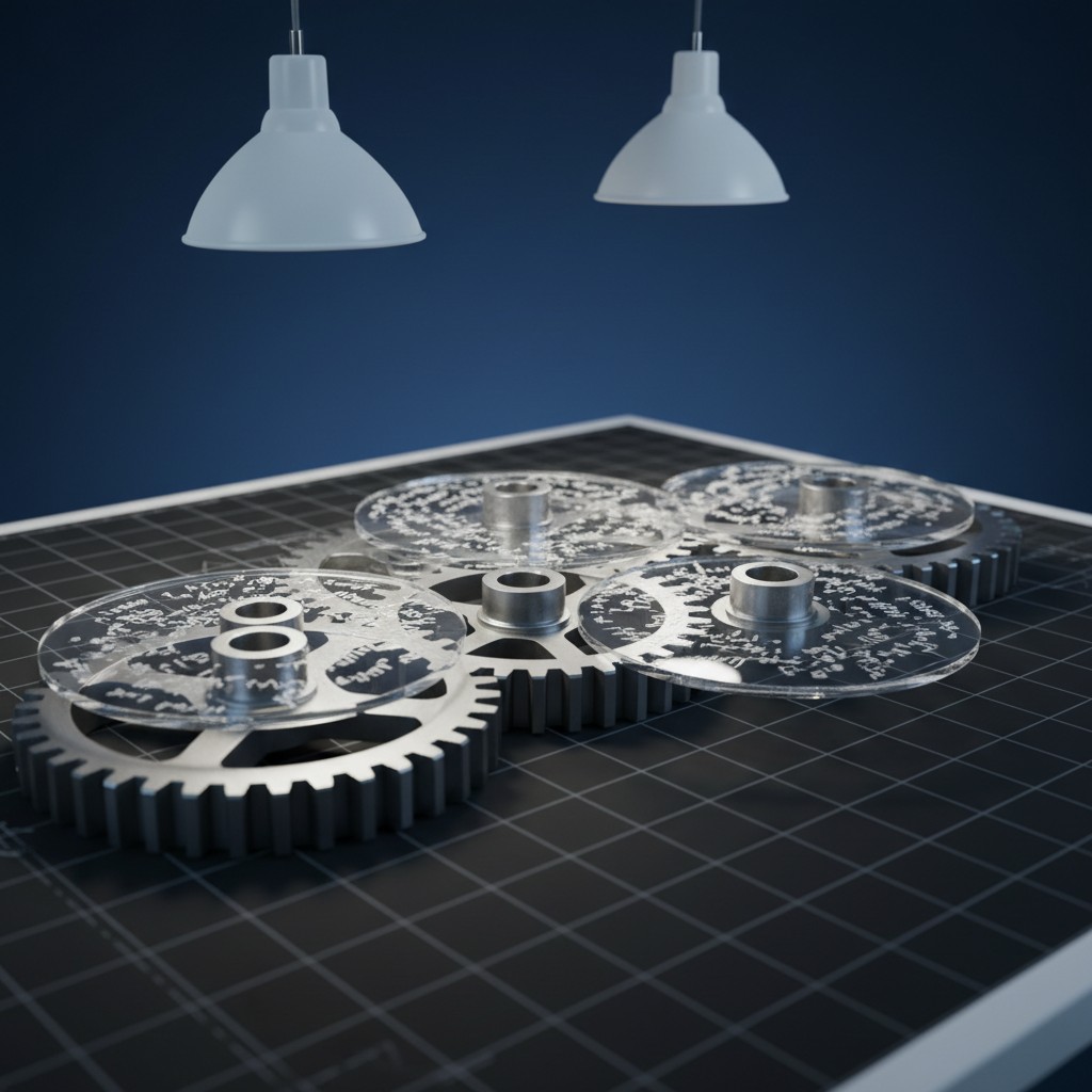 A collection of four cog-shaped gears with gears engraved on their surface, lying on a dark gray cutting table with white ...