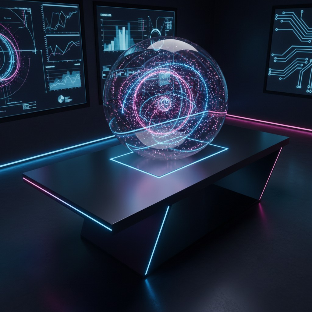 A futuristic 'space' display globe featuring neon-glowing lines and dots using neon colors.