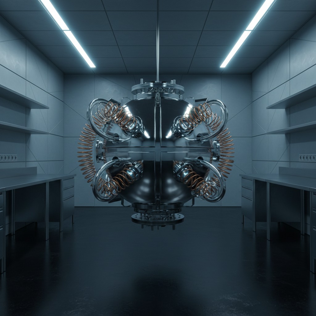 [a large refrigerator sized machine hanging in an empty, mostly gray room with low shelving, two visible shelves currently...