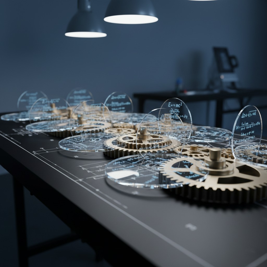 A intricate digital image of a black worktable adorned with precise white drawings and detailed metal gears, illuminated b...