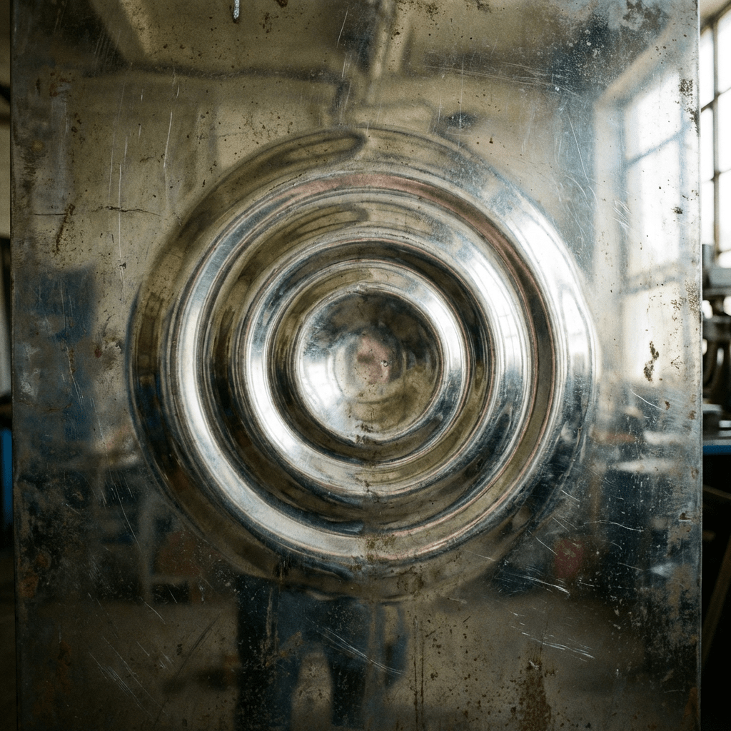 Reflective industrial metal plate with embossed concentric circles in a workshop.