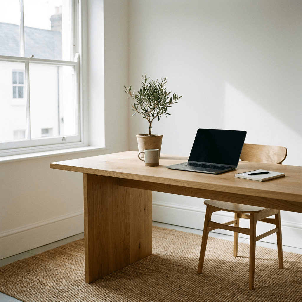 A minimalist wooden desk with a laptop, potted plant, and mug by a bright window.