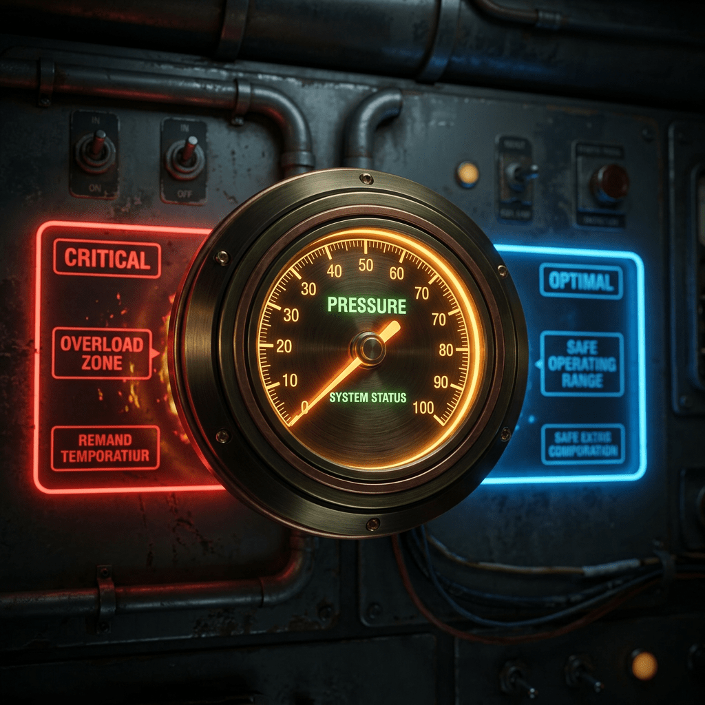 Pressure gauge showing system status with needle pointing at about 65 on scale from 0 to 100