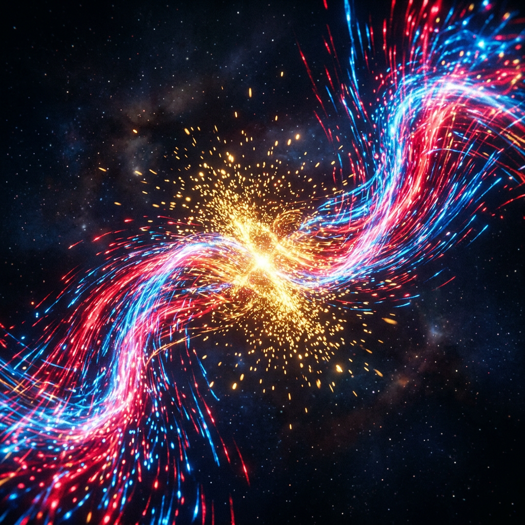 Bright blue and red energy streams colliding with golden sparks in space