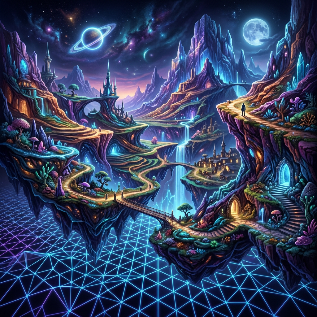 Floating islands with glowing plants, bridges, castles, waterfalls, and planets in a starry sky