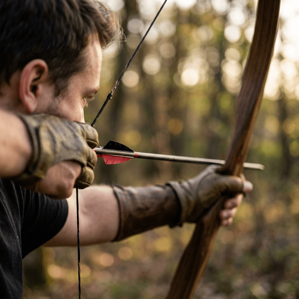 Close-up of an archer pulling back a bowstring with an arrow nocked in a forest setting