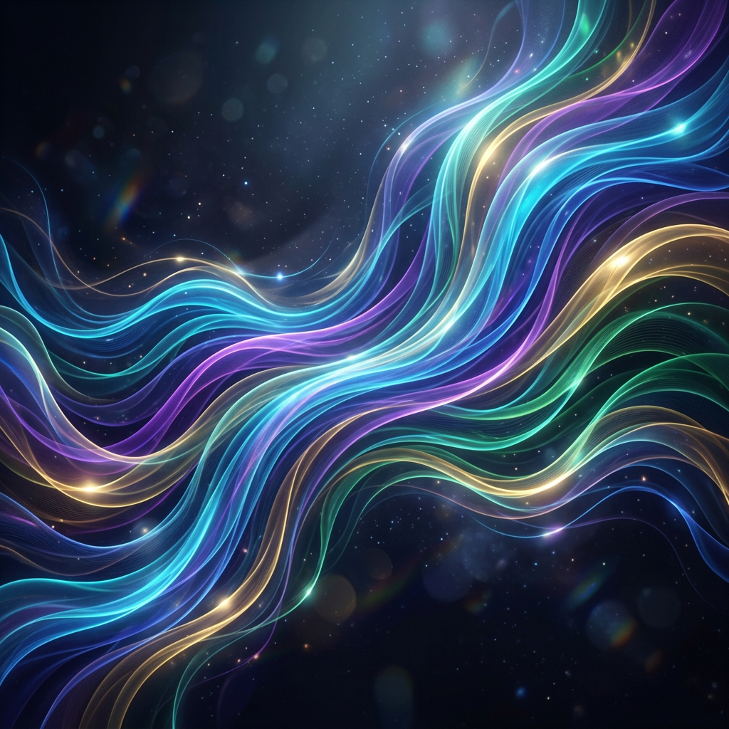 Multicolored flowing light waves against a dark starry background