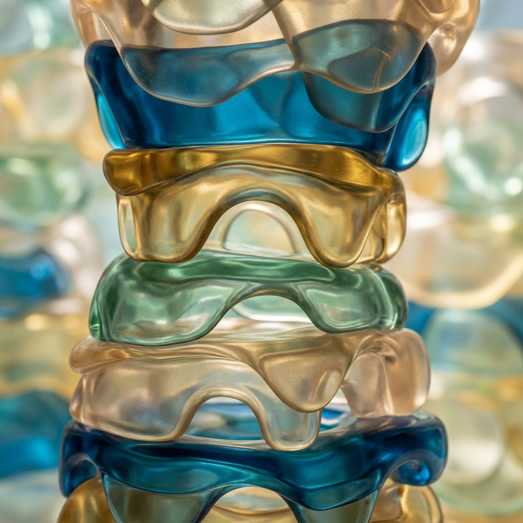 Stack of multicolored translucent resin shapes with wavy edges