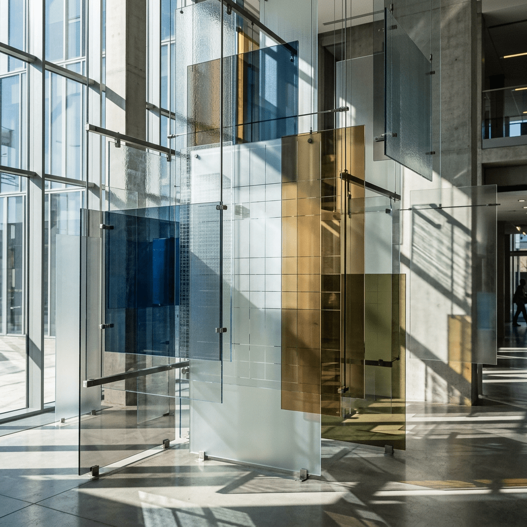 Suspended translucent glass panels in blues, golds, and greens inside a modern building