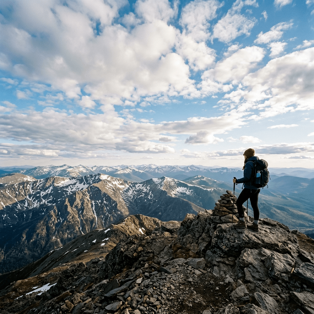 A person standing on a rocky mountain summit overlooking snow-capped peaks under partly cloudy sky