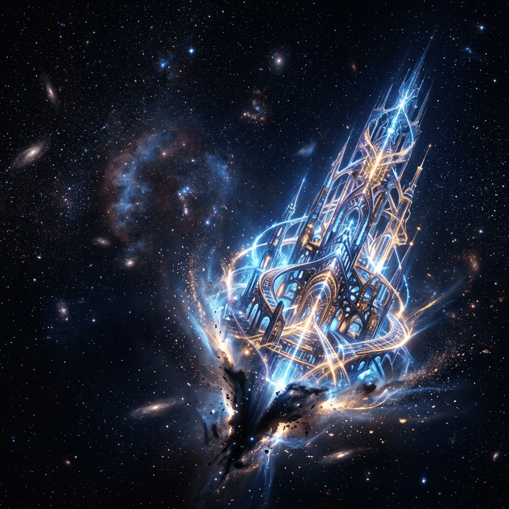 Futuristic glowing architectural structure in deep space surrounded by stars and nebulae