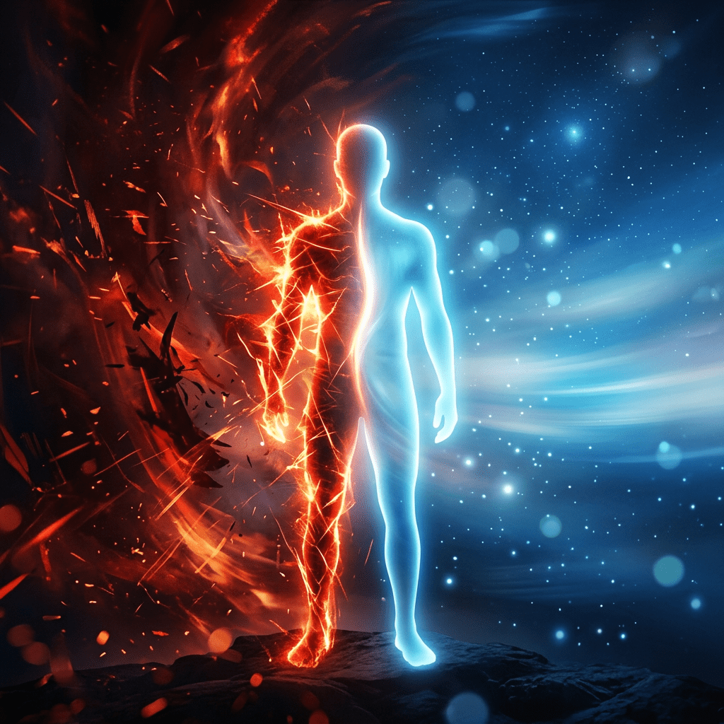 Silhouette of a human figure divided into red fire energy and blue ice energy halves