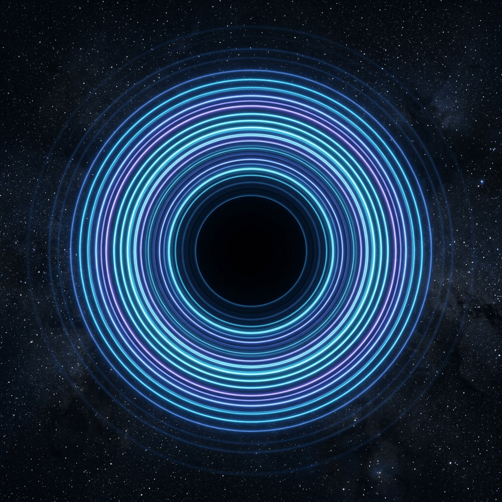 Black circular center surrounded by concentric neon blue and purple rings against a starry background